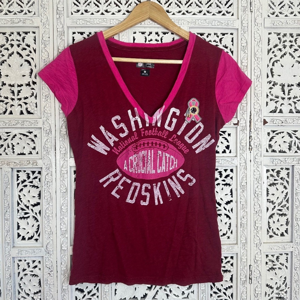 Washington Commanders NFL Pink & Red Short Sleeve V Neck T Shirt‎ Breast Cancer